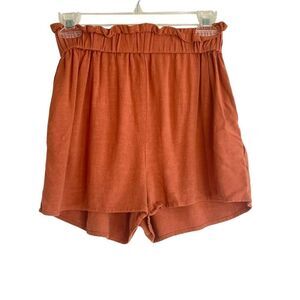 Papermoon Juniors Linen Blend Pull On Elastic Waist Paper Bag Shorts Rust Small